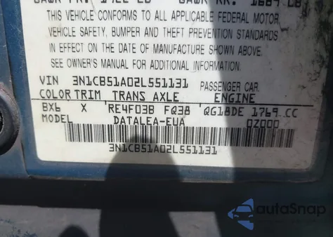 2002 Nissan Sentra Gxe from USA, damaged, VIN 3N1CB51A02L551131